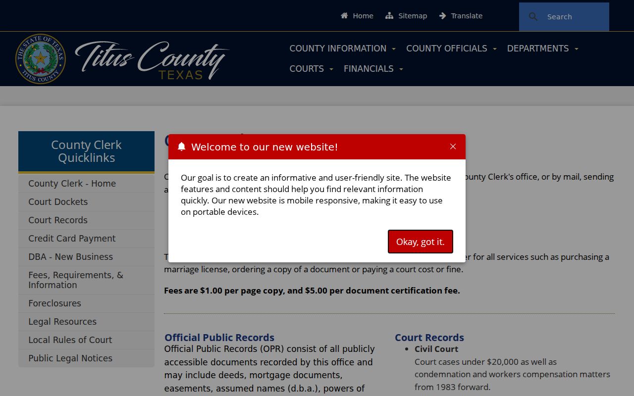 Titus County warrant records: County Clerk docket and copy categories