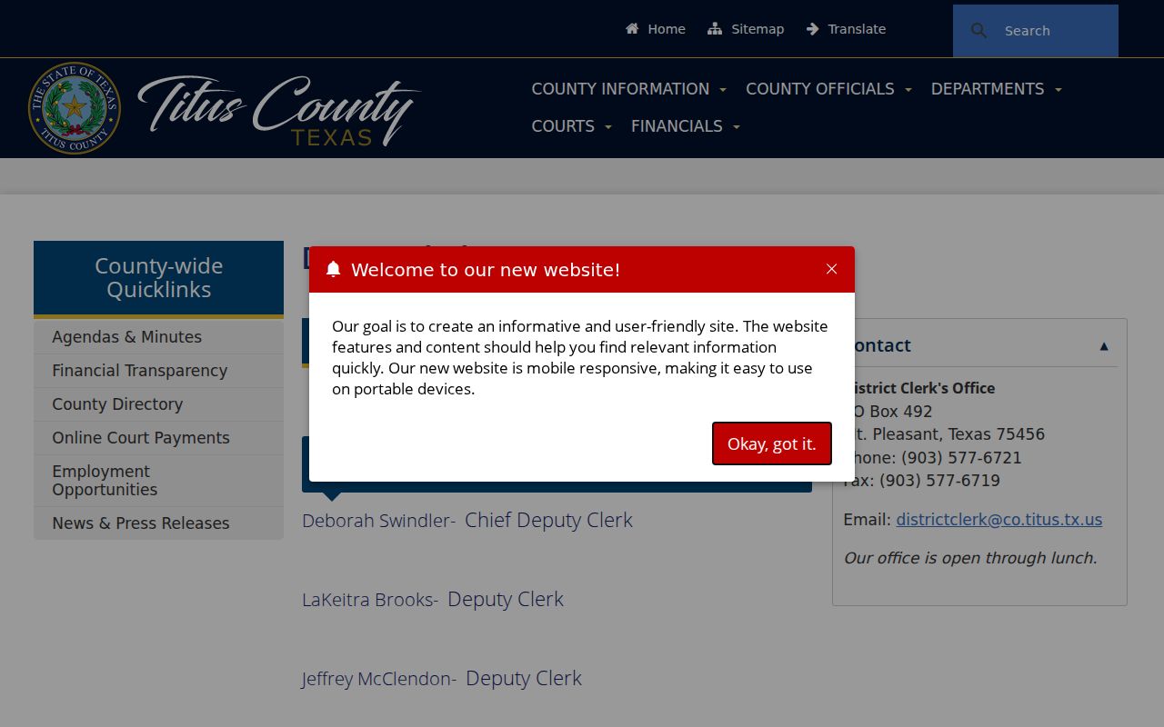 Titus County warrant search: District Clerk records contact page