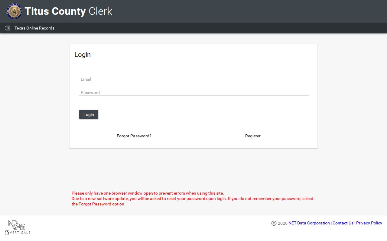 Titus County warrant search: login and registration screen on the linked records portal