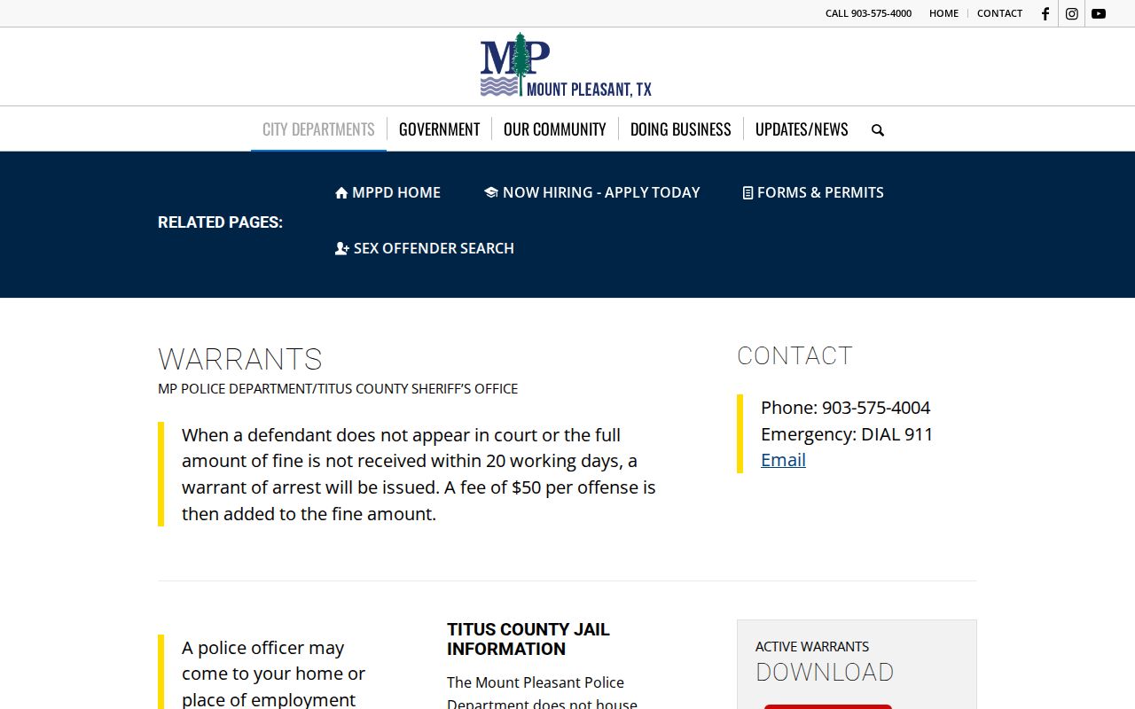 Titus County active warrant record source: Mount Pleasant warrant page