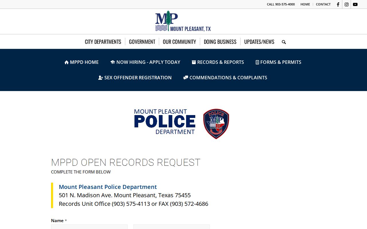Titus County Mount Pleasant warrant records: blank MPPD public-record request form