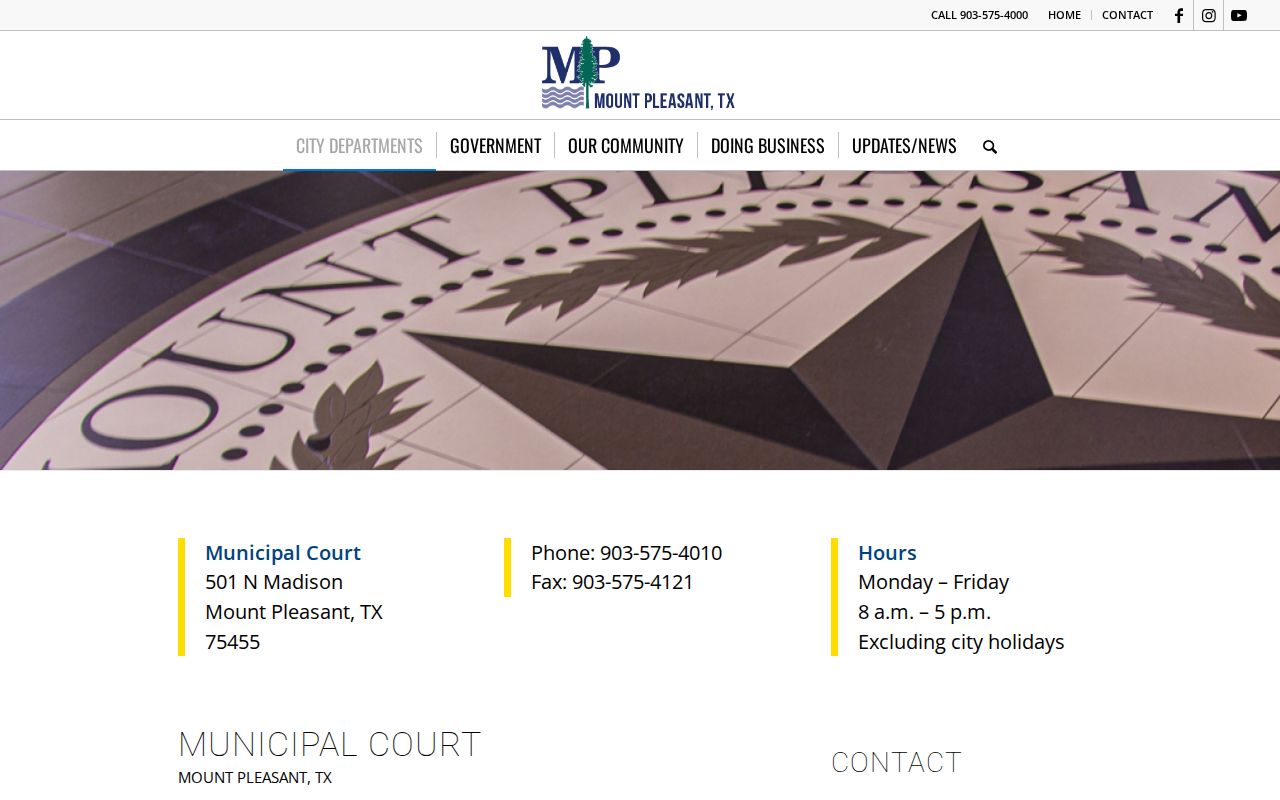 Titus County municipal warrant records: Mount Pleasant Municipal Court contact page