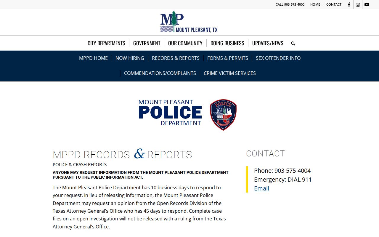 Titus County Mount Pleasant warrant records: police public-information request instructions