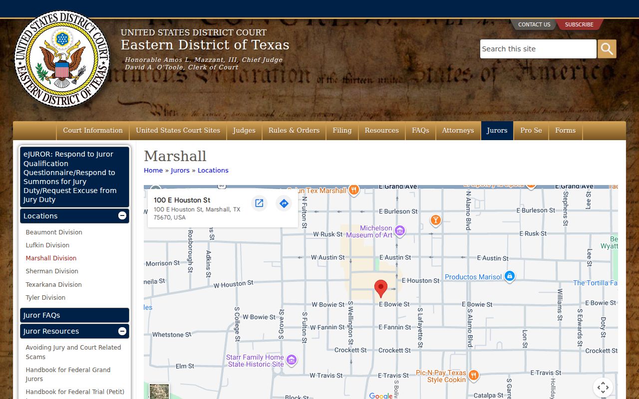 Titus County arrest warrant reference: Eastern District of Texas courthouse in Marshall