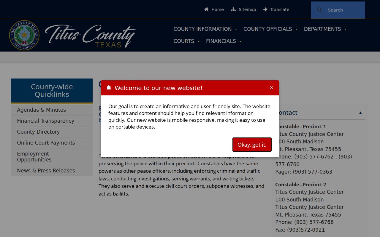 Titus County warrant records: constable precinct and service information
