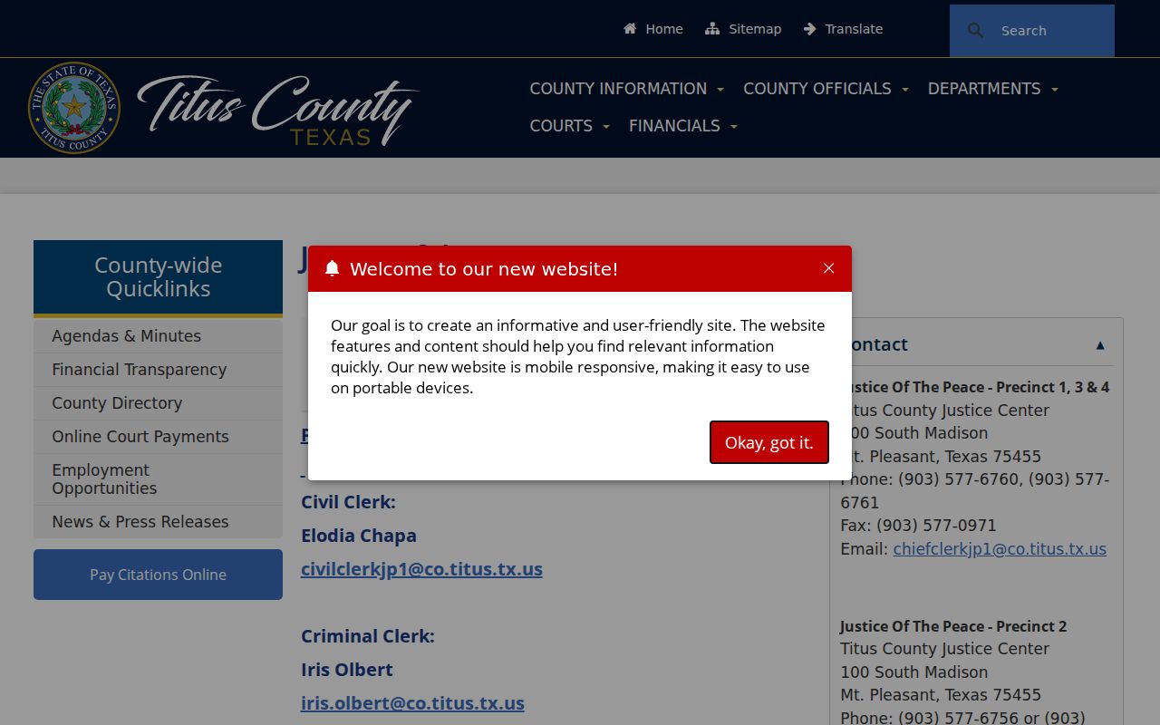Titus County justice court precincts and criminal-clerk routes for bench warrant records